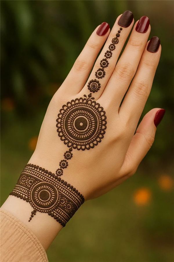 Large palm-back mandala with a wide wrist cuff