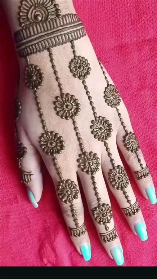 Rows of small flowers on beaded strands from the wrist