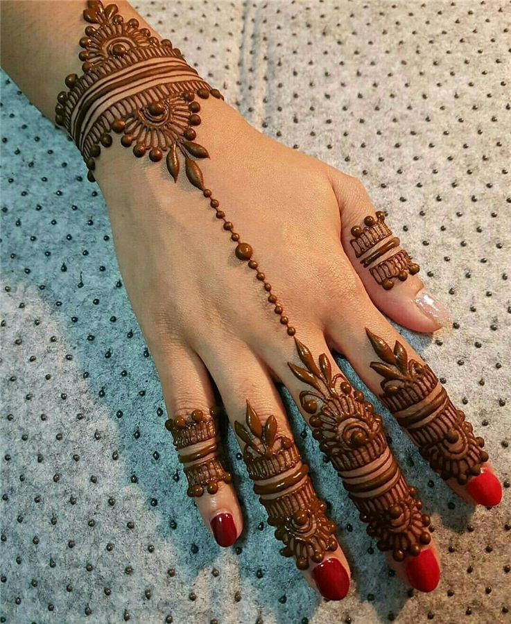 Bold wrist cuff, a beaded chain and patterned fingers